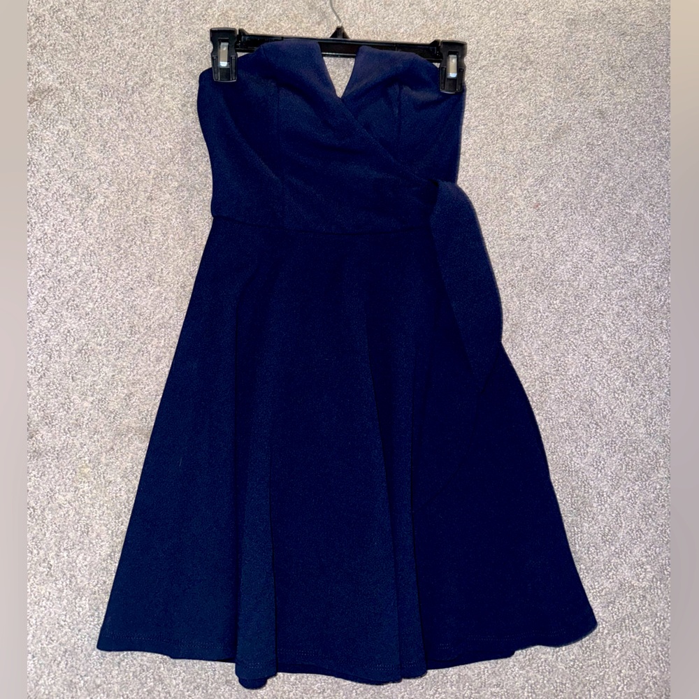 Strapless blue wrap dress